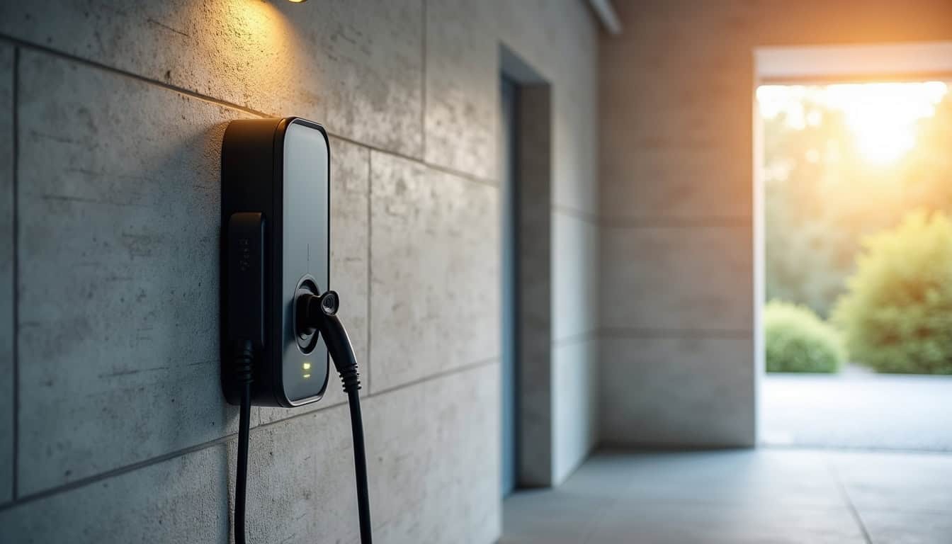 Représentation d'une borne de recharge installée dans un garage à Fortschwihr