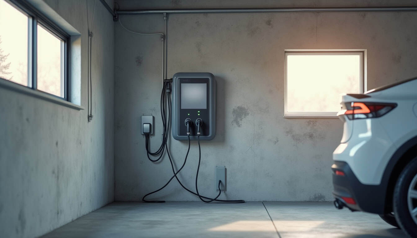 Schéma d'installation d'une borne de recharge dans un garage à Fraize, avec câblage et tableau électrique