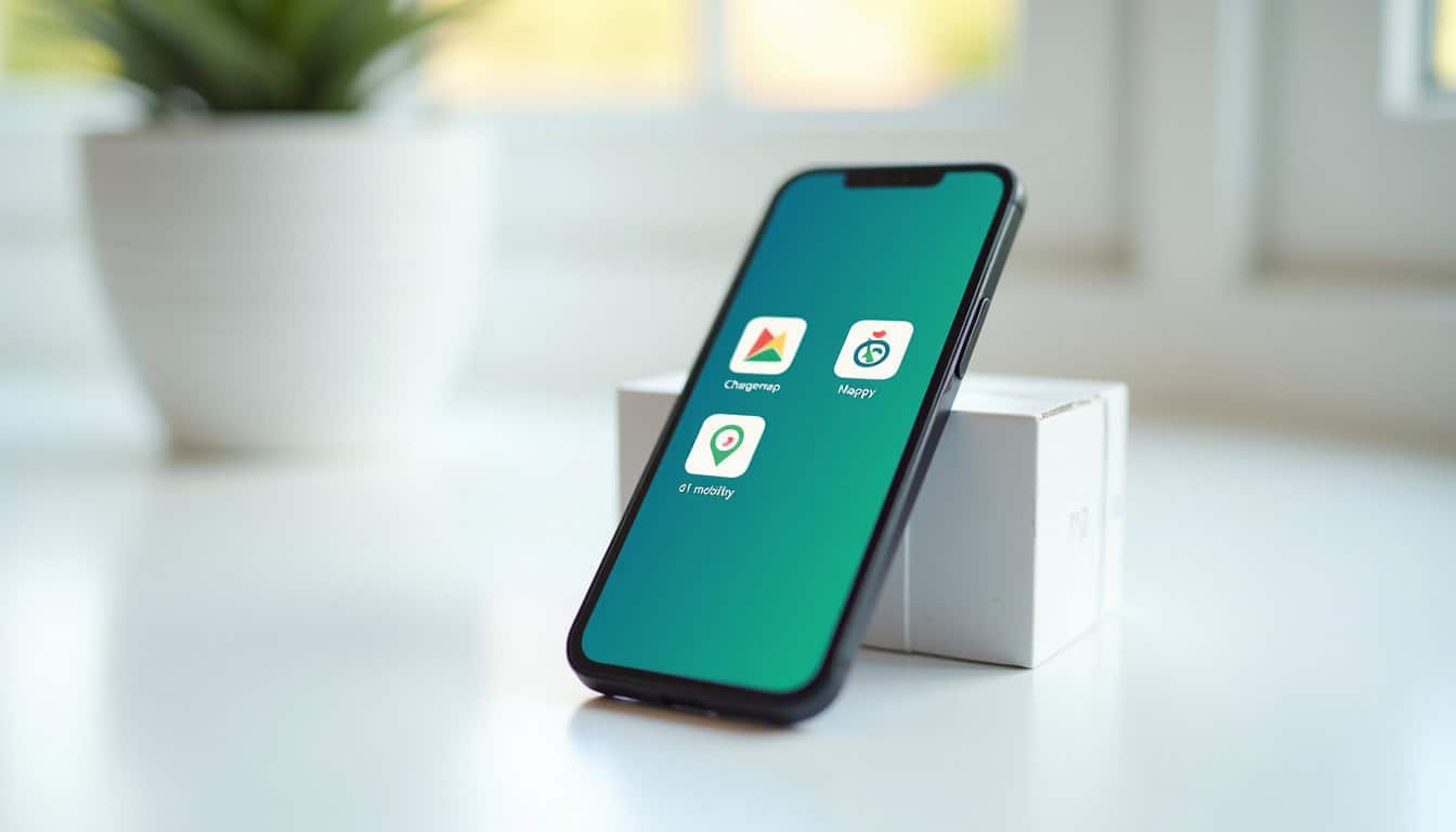 Smartphone affichant les applications Chargemap, Mappy et 61mobility pour la recharge de voiture électrique