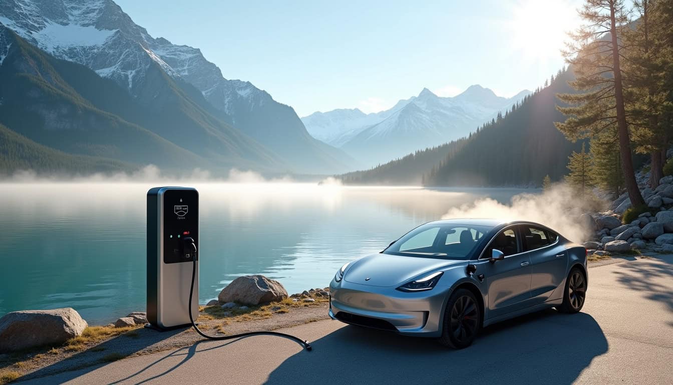 Station de recharge électrique en bordure de lac, entourée de montagnes