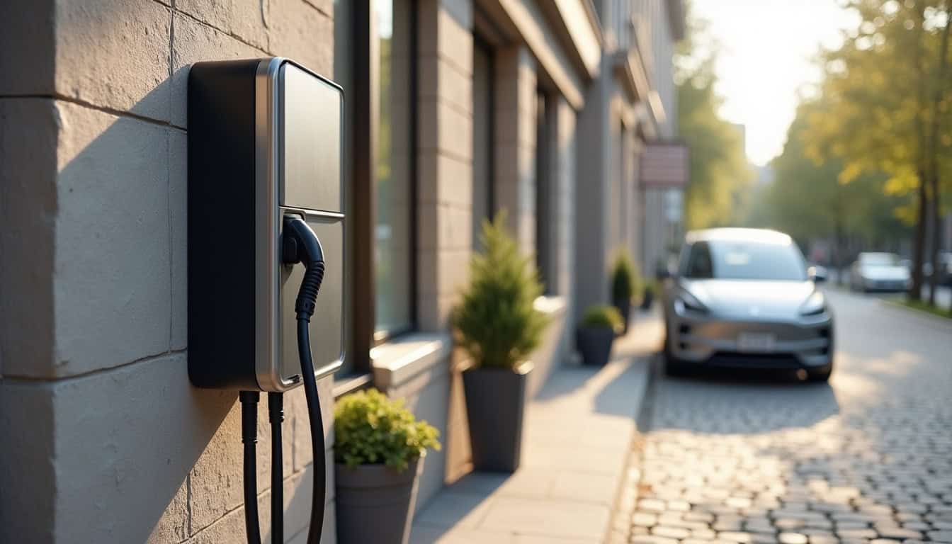 Station de recharge électrique en milieu urbain à Saint-Sauveur, illustrant l