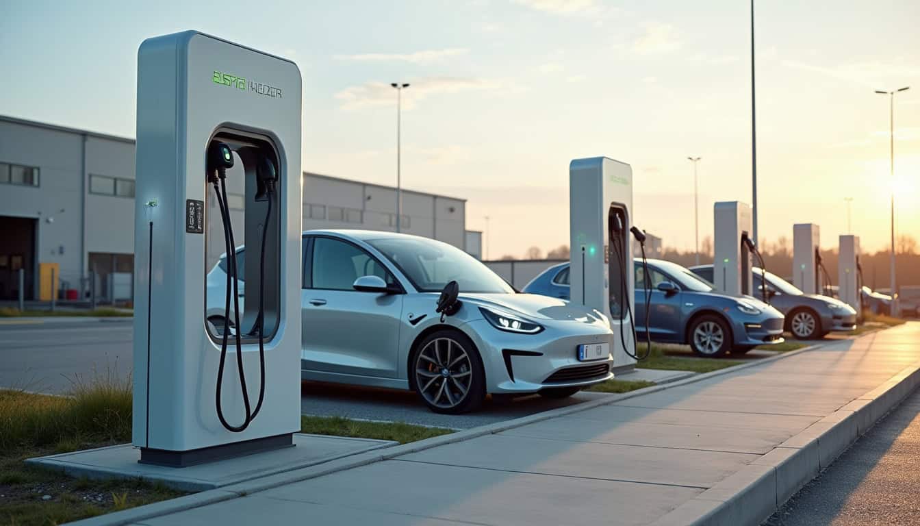 Station de recharge électrique en zone artisanale à Niederhergheim, avec plusieurs véhicules en cours de charge