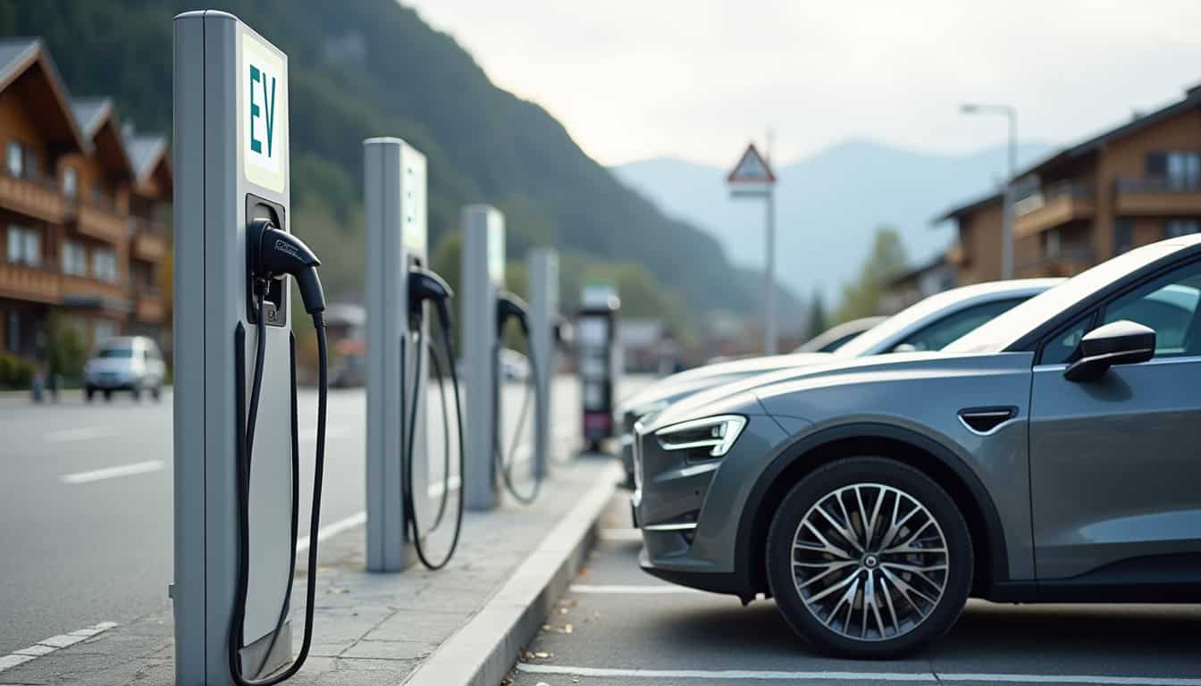 Station de recharge électrique publique à Moutiers, située dans un parking urbain avec véhicules en charge