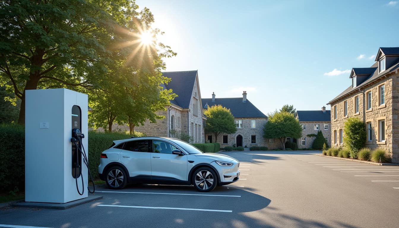 Station de recharge électrique publique située au parking de la mairie de Lancieux, Côtes-d
