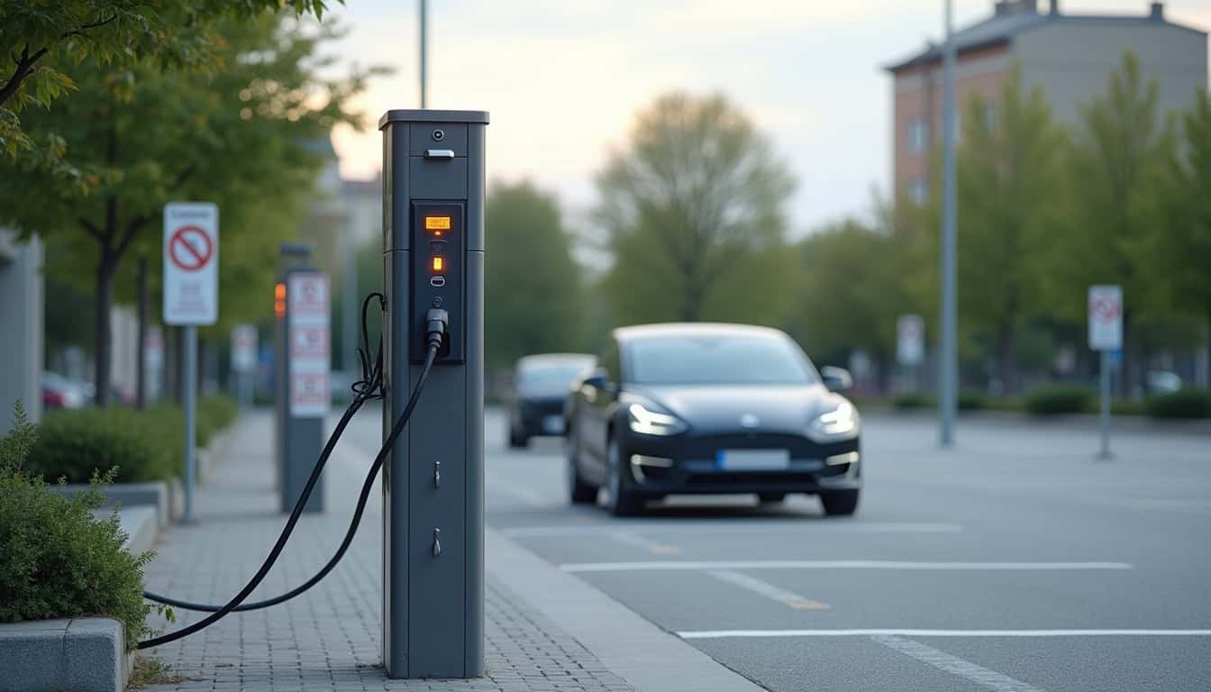 Station de recharge électrique publique située sur un parking de Nérac, avec véhicule en cours de recharge