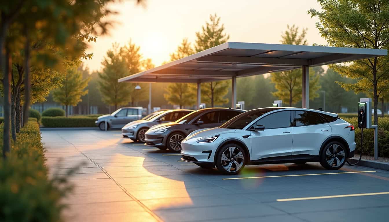 Station de recharge haute puissance avec plusieurs véhicules électriques en cours de recharge