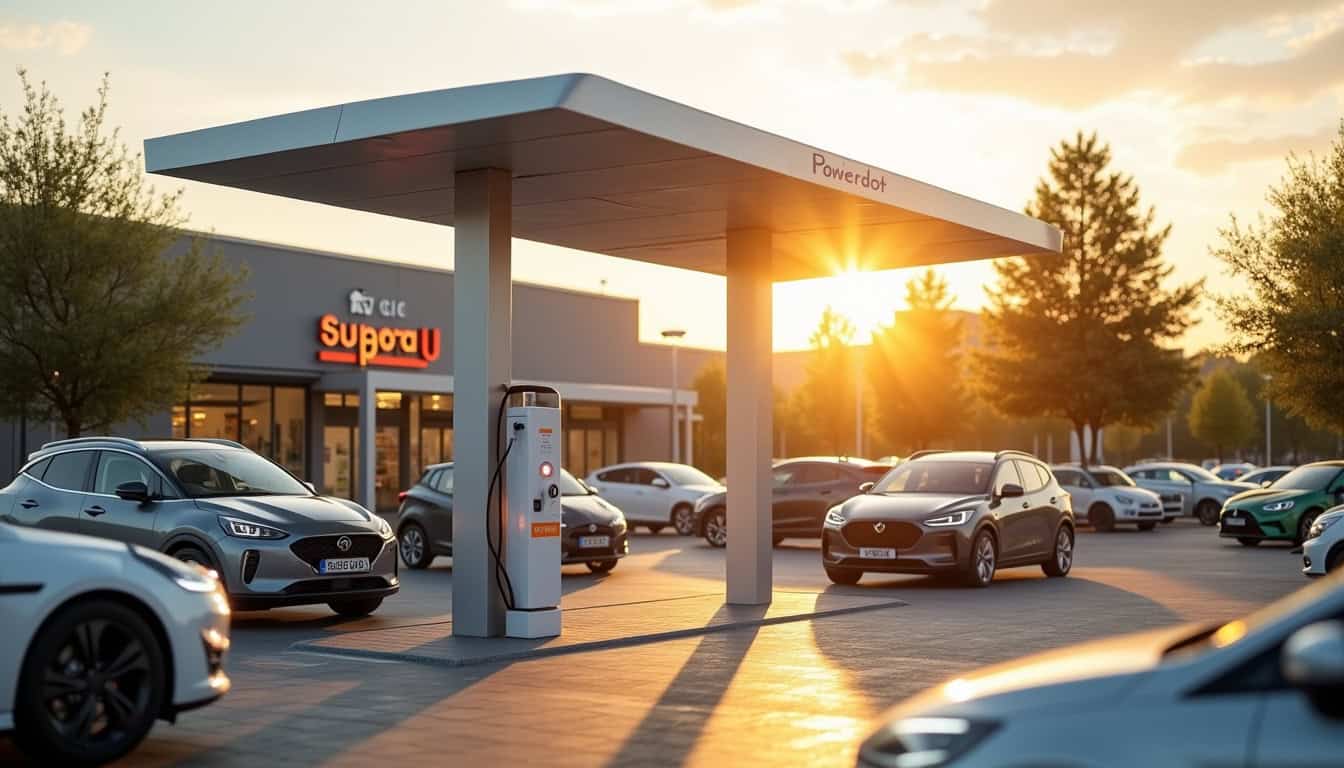 Station de recharge Powerdot située sur le parking du Super U à Pouxeux