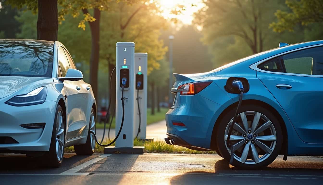 Station de recharge publique à Saint-Amant-Tallende avec deux véhicules électriques en charge