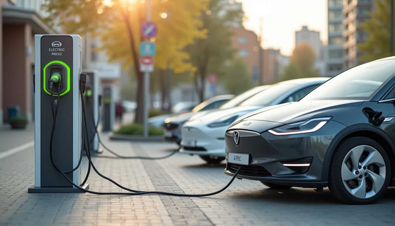 Station de recharge publique en milieu urbain avec plusieurs véhicules électriques connectés