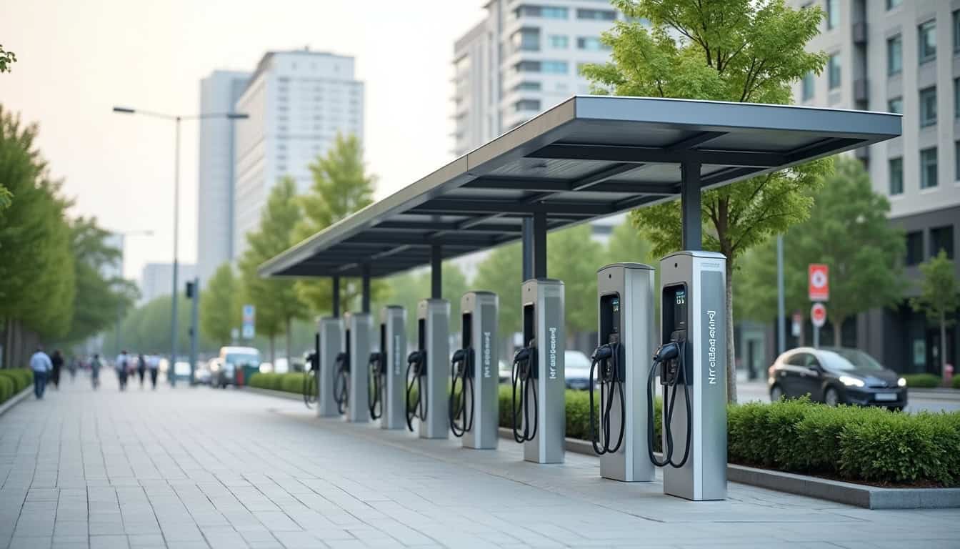 Station de recharge publique en milieu urbain équipée de plusieurs bornes