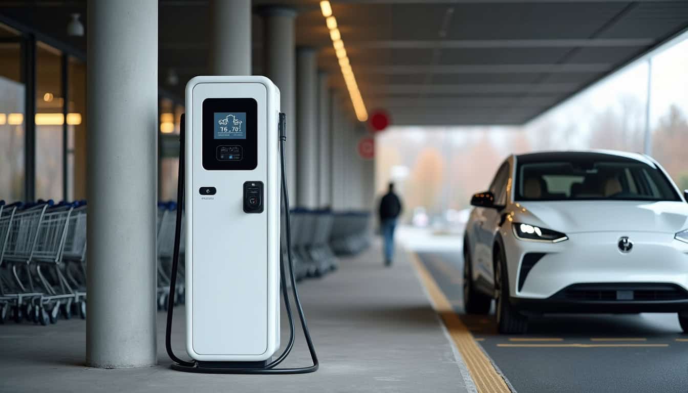 Station de recharge publique située à l'entrée d'un supermarché à Champigneulles