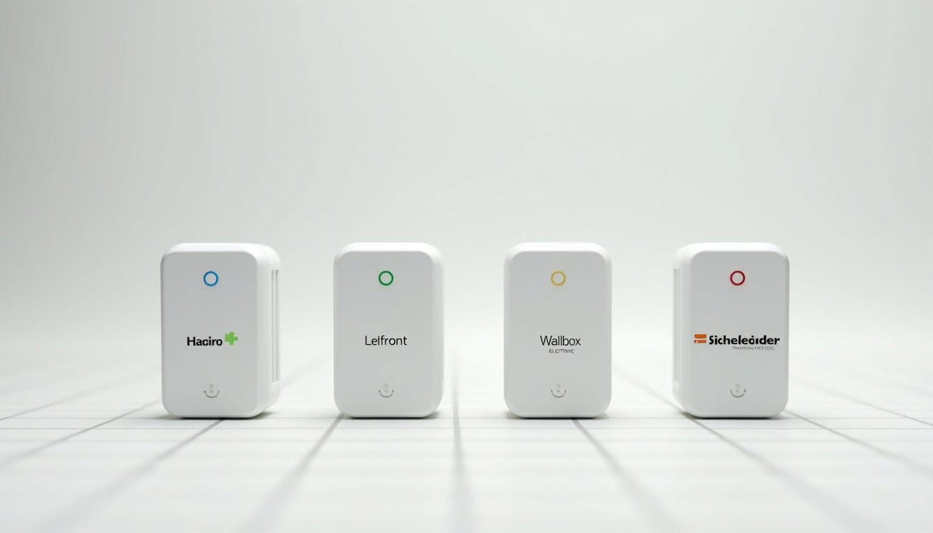 Tableau comparatif des fonctionnalités des bornes de recharge Hager, Legrand, Wallbox et Schneider Electric
