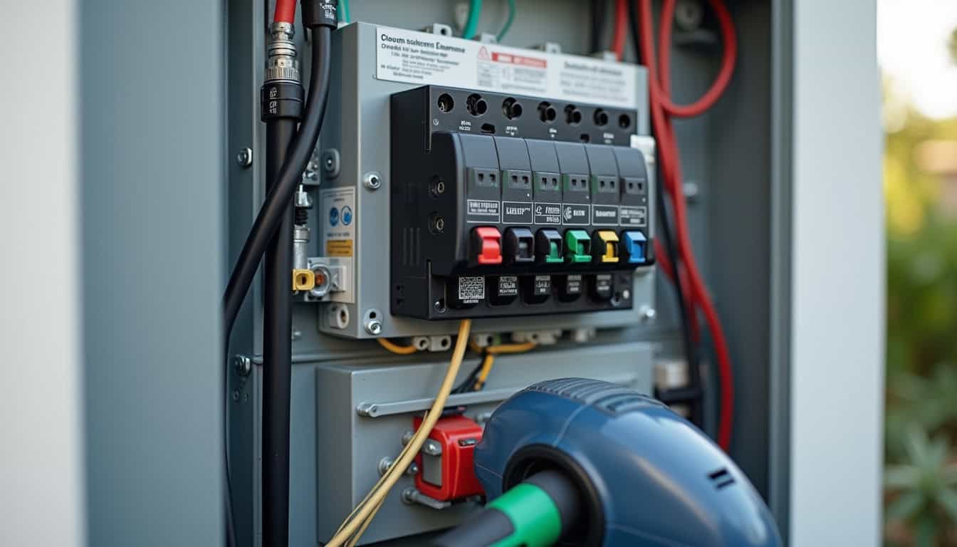 Tableau électrique avec installation d'une borne de recharge électrique, montrant les composants de sécurité et le câblage adapté