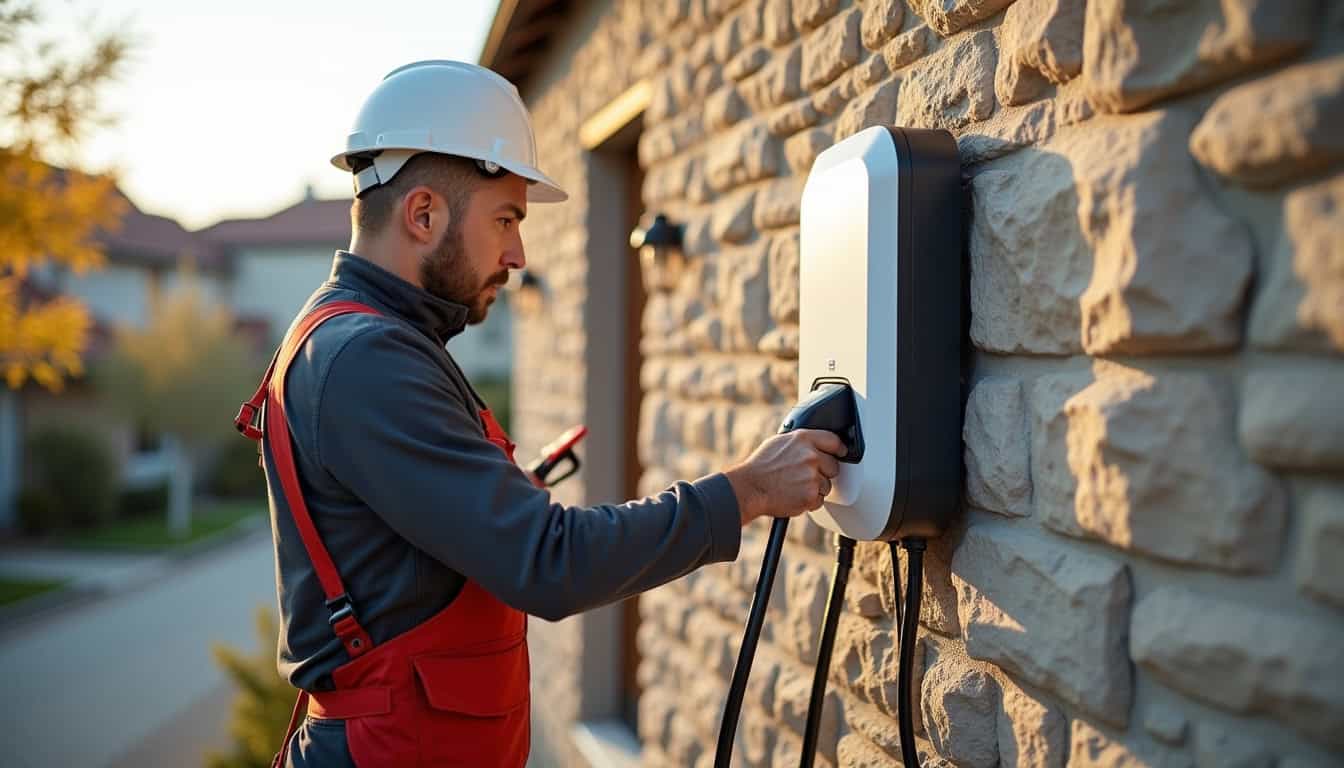 Technicien certifié en train d'installer une borne de recharge sur un mur extérieur à Riantec