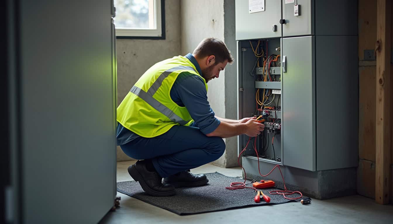 Technicien certifié IRVE en train de réaliser un diagnostic électrique avant installation