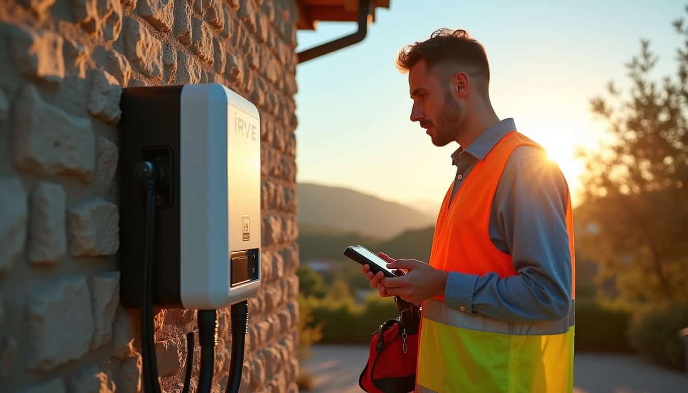 Technicien certifié IRVE en train de tester une borne de recharge fraîchement installée à Castries