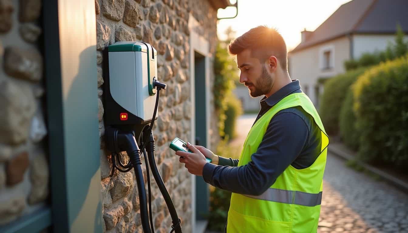 Technicien certifié IRVE en train de tester une borne de recharge nouvellement installée à Pleyben