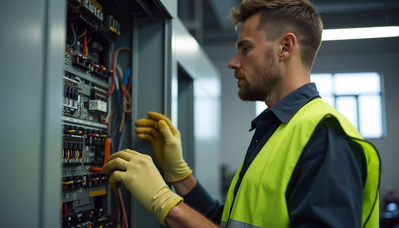 Technicien certifié IRVE en train de vérifier un tableau électrique avant installation