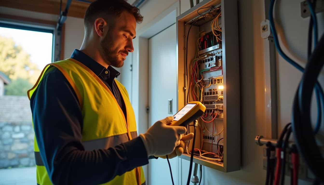 Technicien certifié IRVE en train de vérifier un tableau électrique avant installation