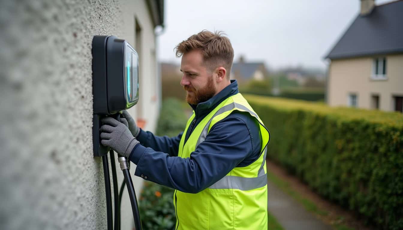 Technicien certifié IRVE en train d'installer une borne de recharge à Belz