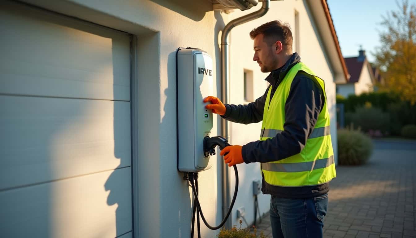 Technicien certifié IRVE en train d'installer une borne de recharge à Domène