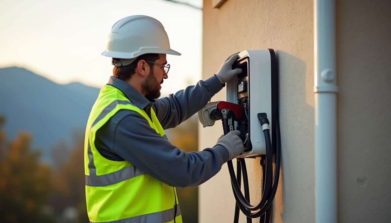Technicien certifié IRVE en train d’installer une borne de recharge à Meyrié, avec équipement de sécurité