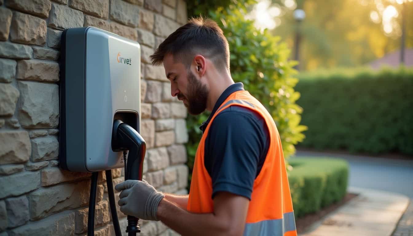 Technicien certifié IRVE en train d'installer une borne de recharge à Parempuyre