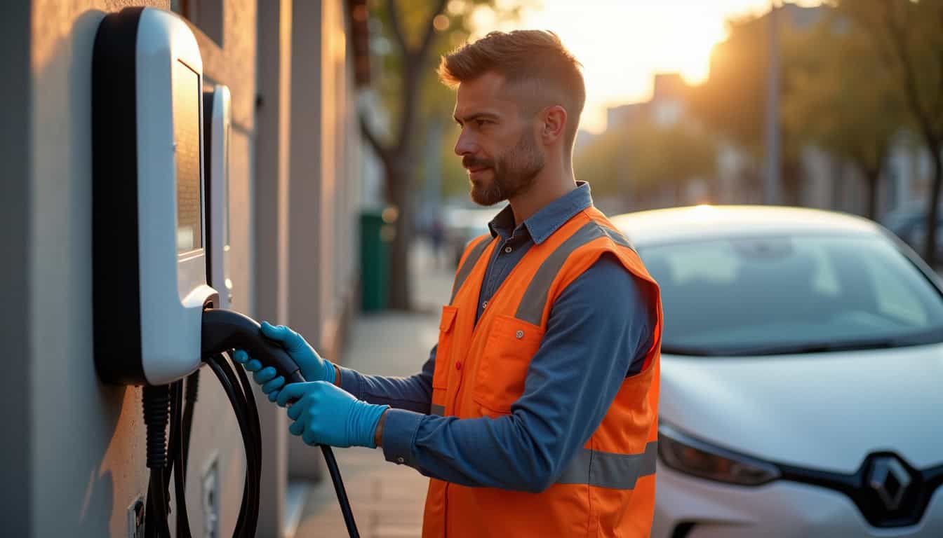 Technicien certifié IRVE en train d’installer une borne de recharge à Saint-Denis