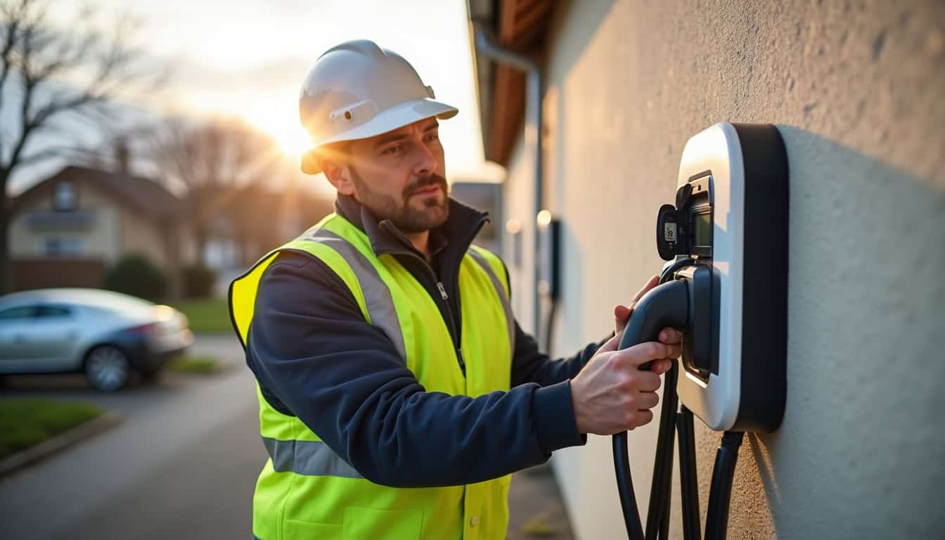 Technicien certifié IRVE en train d'installer une borne de recharge à Saint-Georges-d'Espéranche