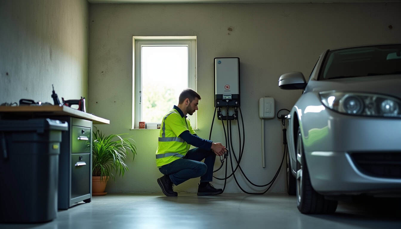Technicien certifié IRVE en train d’installer une borne de recharge dans un garage à Krautergersheim
