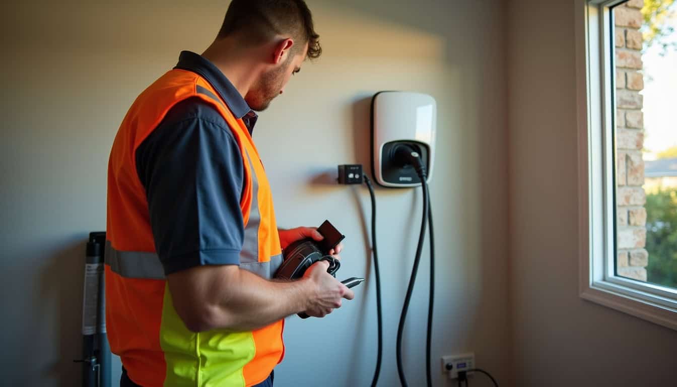 Technicien certifié IRVE en train d'installer une borne de recharge dans un garage à Peipin