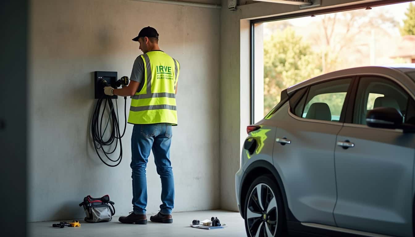 Technicien certifié IRVE en train d’installer une borne de recharge dans un garage à Vendeville