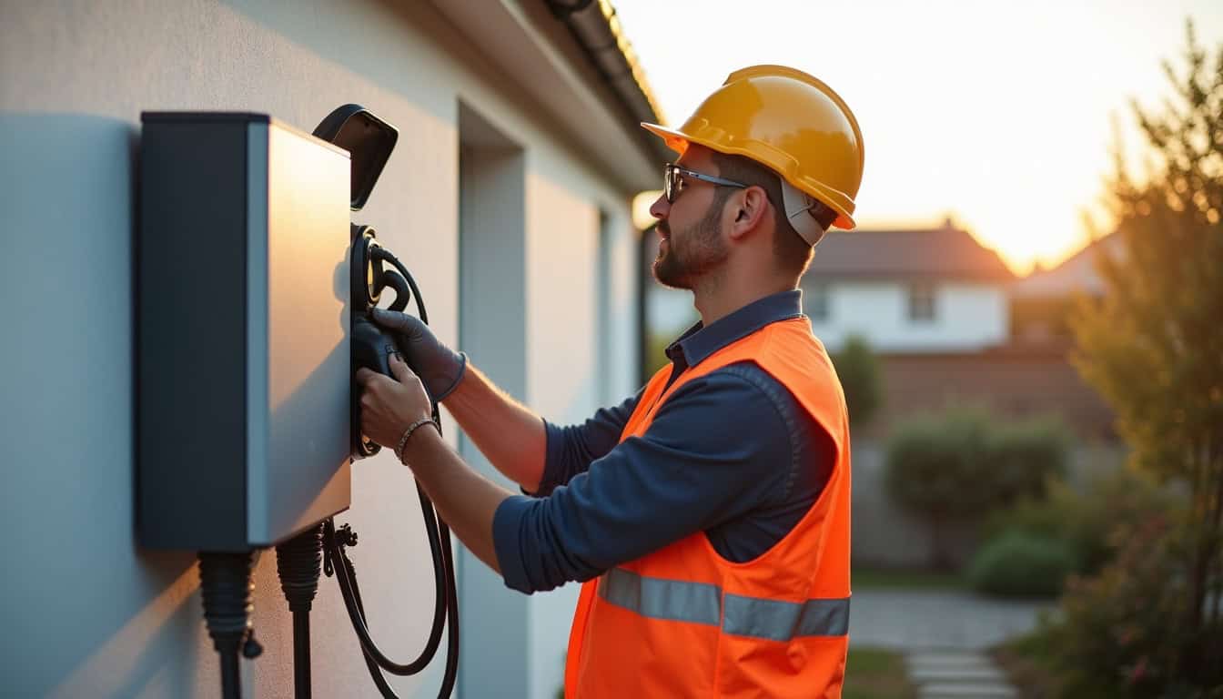 Technicien certifié IRVE en train d'installer une borne de recharge électrique à Melesse