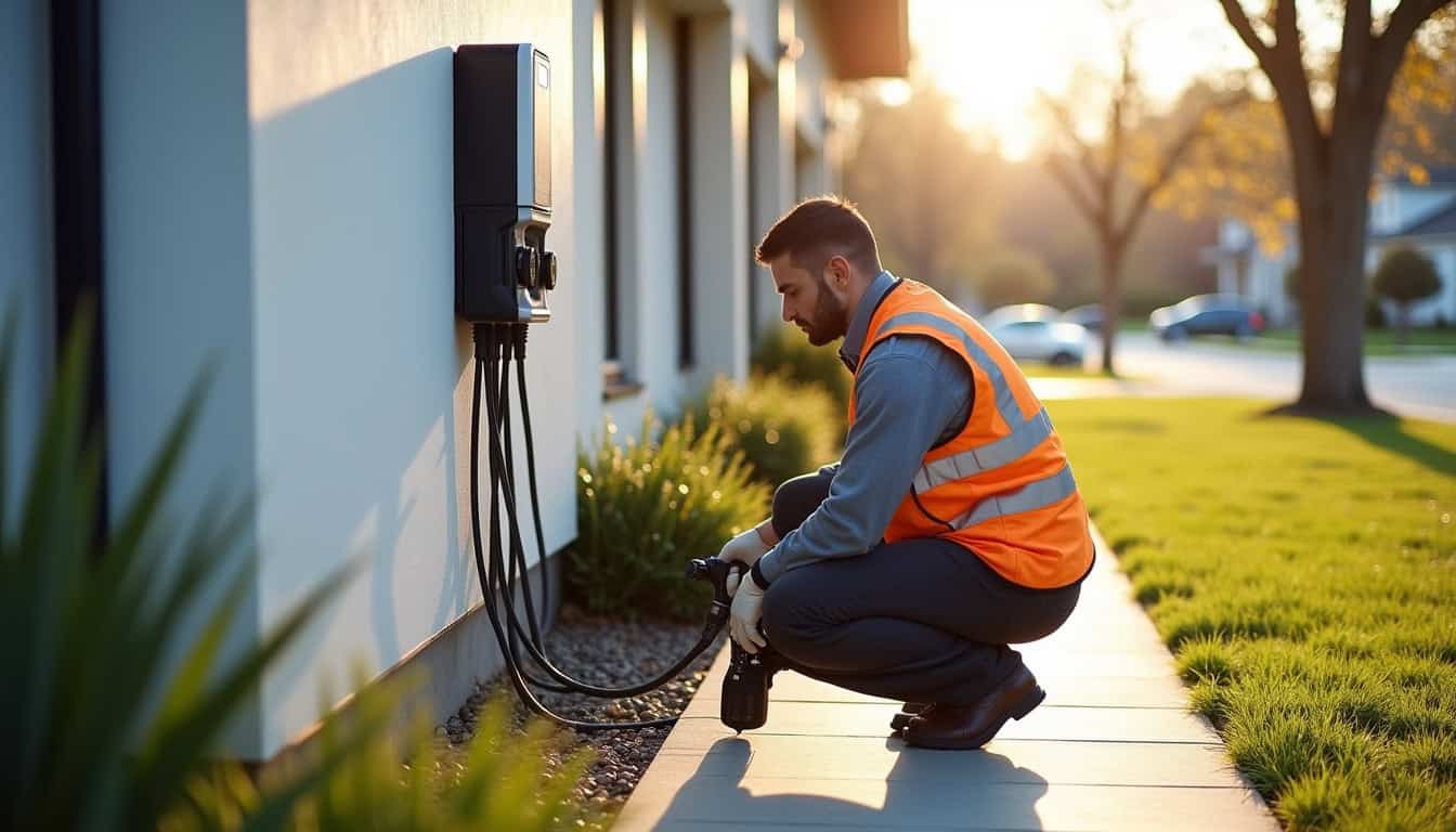 Technicien certifié IRVE en train d'installer une borne de recharge électrique à Millery