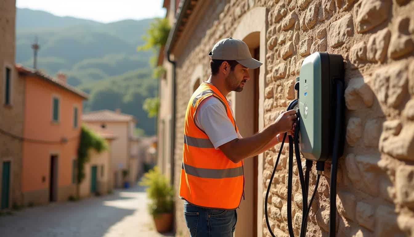 Technicien certifié IRVE en train d'installer une borne de recharge électrique à Venasque