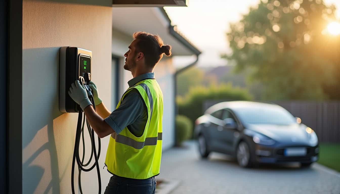 Technicien certifié IRVE en train d'installer une borne de recharge électrique chez un particulier