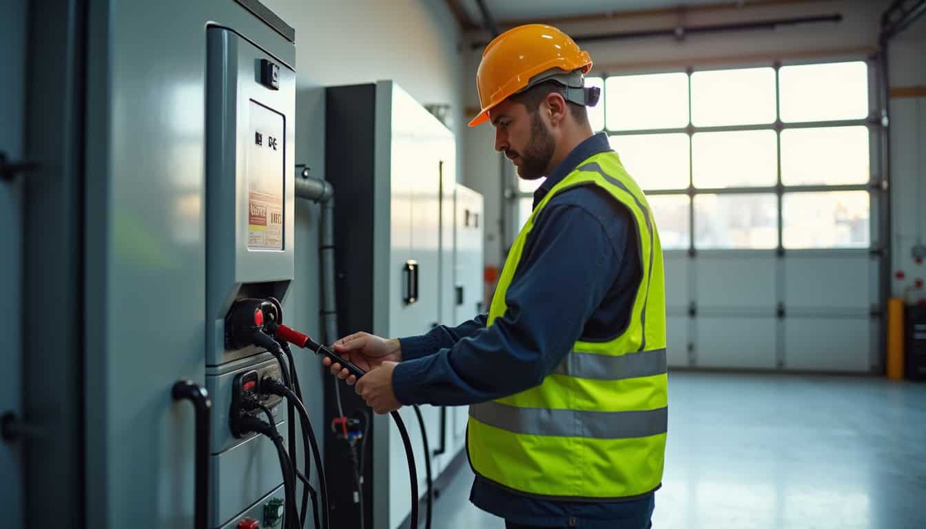 Technicien certifié IRVE en train d’installer une borne de recharge électrique près d’un tableau électrique