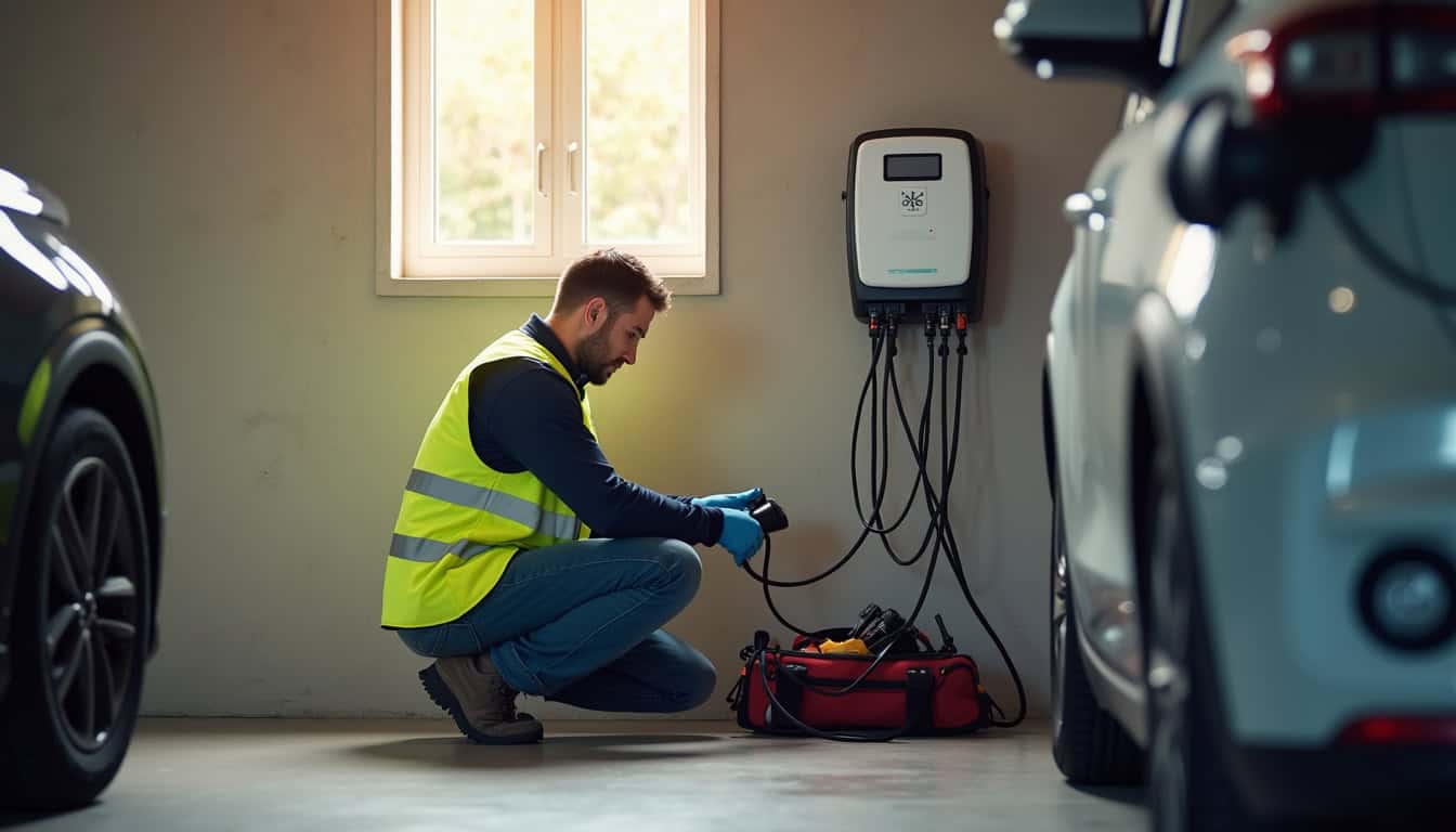 Technicien certifié IRVE en train d'installer une borne de recharge murale dans un garage à Crozon