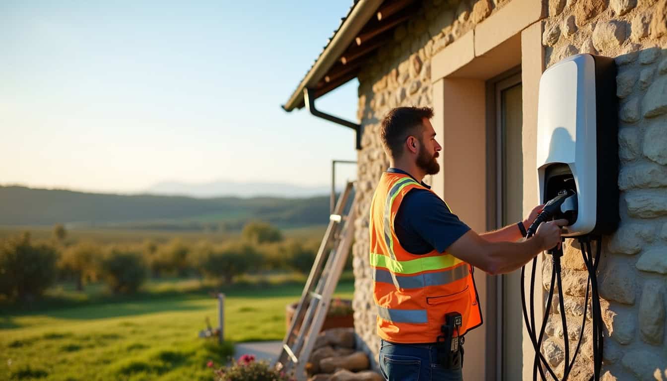 Technicien certifié IRVE en train d'installer une borne de recharge sur un mur extérieur à Tuffalun