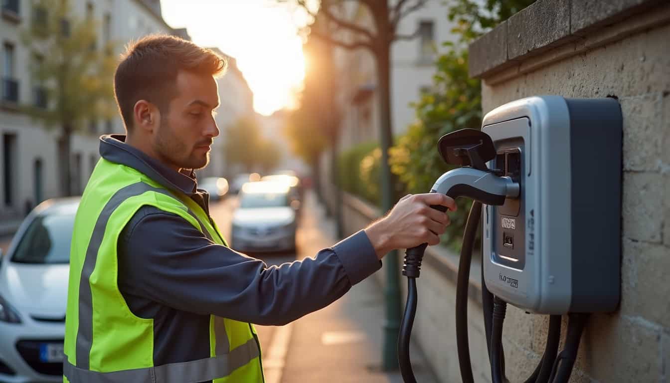 Technicien certifié IRVE en train d'installer une borne électrique à Asnières-sur-Seine