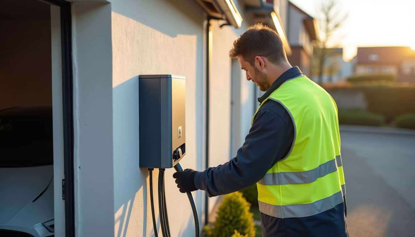 Technicien certifié IRVE en train d'installer une borne électrique à La Guerche-de-Bretagne