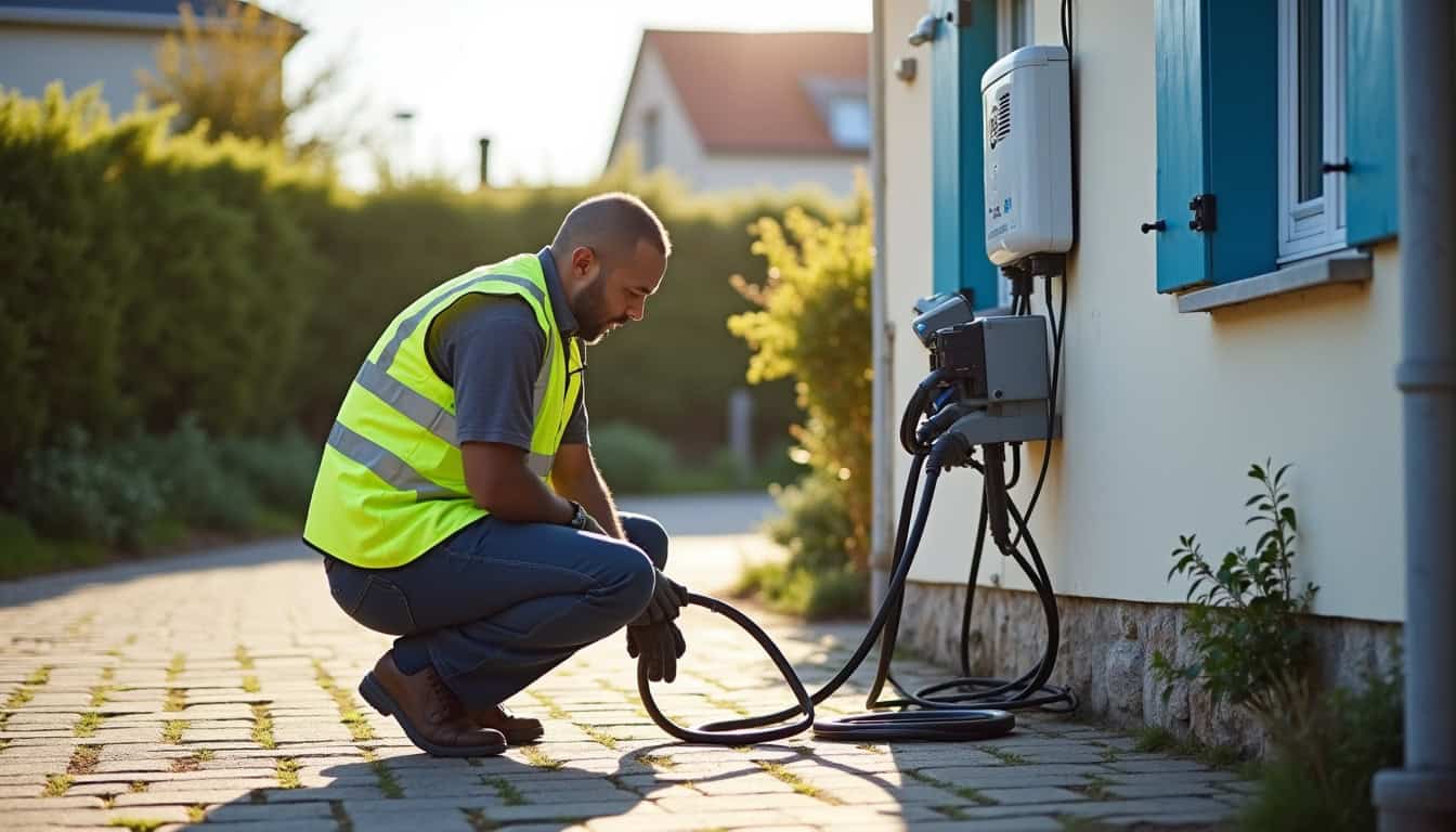 Technicien certifié IRVE en train d'installer une borne électrique à Larré, Morbihan