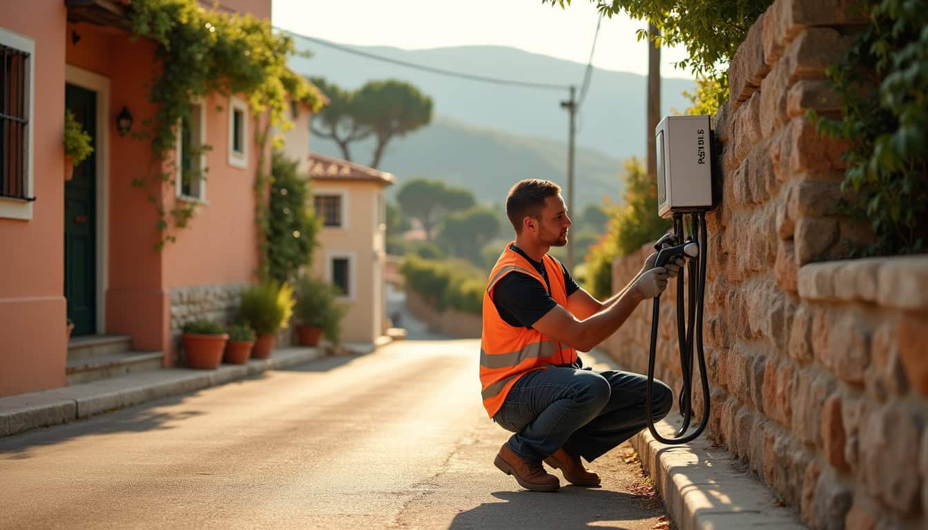 Technicien certifié IRVE en train d'installer une borne électrique à Lumio