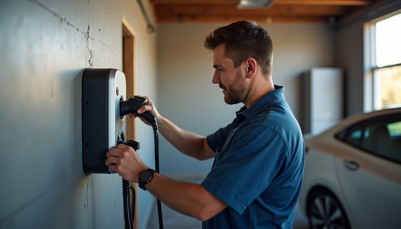 Technicien certifié IRVE en train d'installer une borne électrique dans un garage à Tracy-le-val