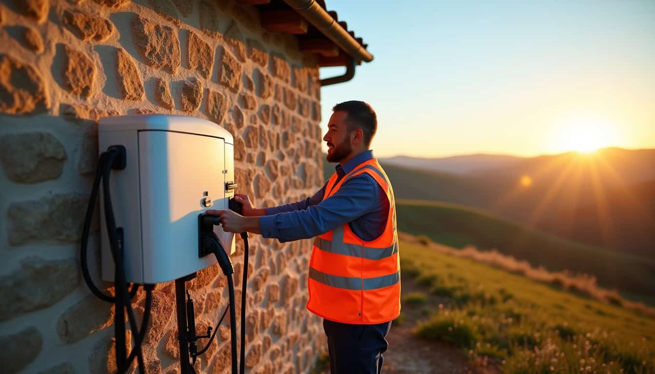 Technicien certifié IRVE installant une borne de recharge sur le mur extérieur d
