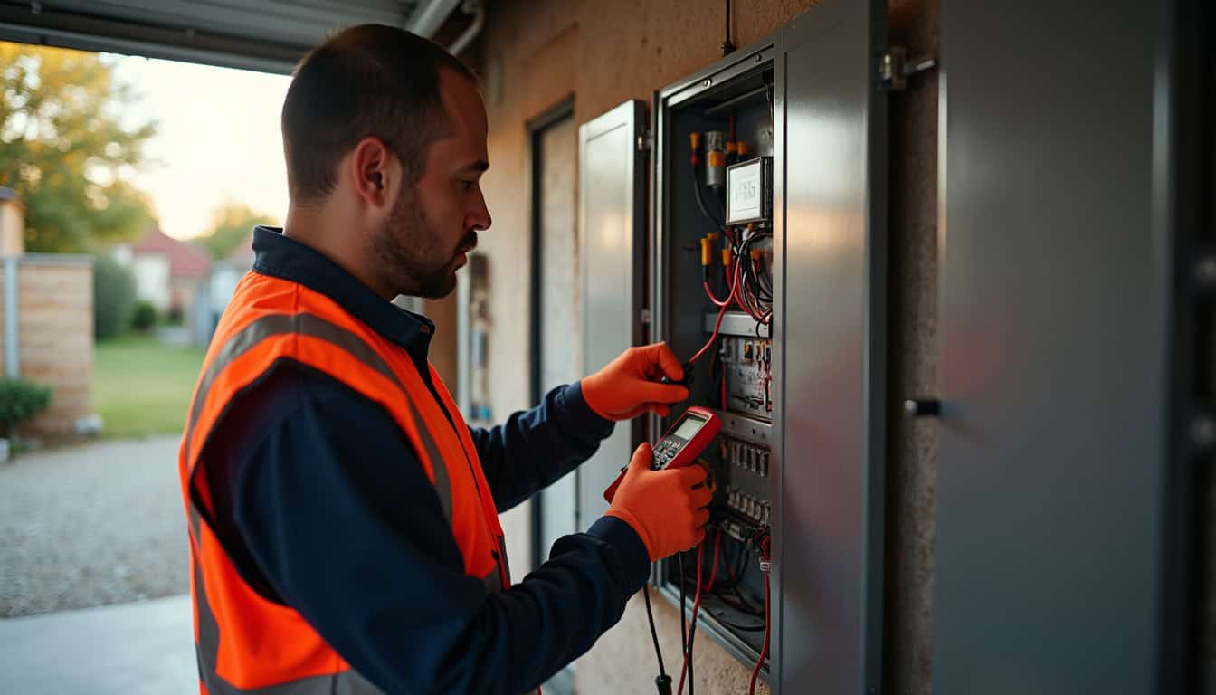 Technicien certifié IRVE réalisant un audit électrique avant installation d'une borne