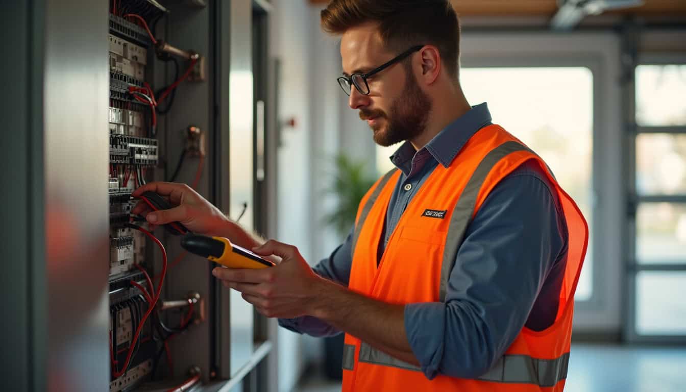 Technicien certifié IRVE vérifiant le tableau électrique avant installation d'une borne