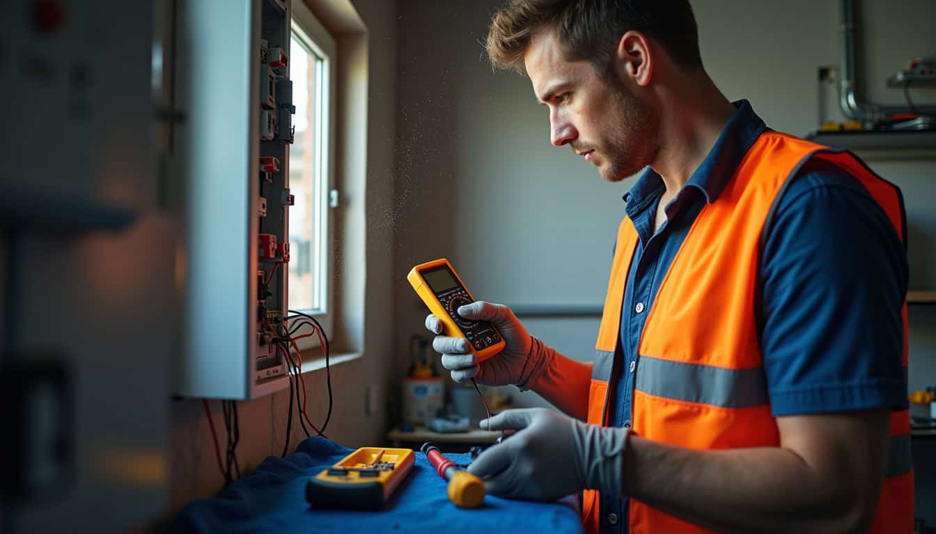Technicien certifié IRVE vérifiant un tableau électrique lors d'une installation de borne de recharge à Lédenon
