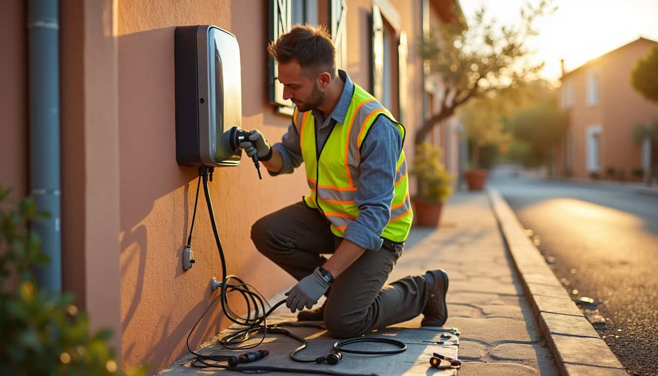 Technicien ECS Électricité en intervention pour l’installation d’une borne de recharge à Saint-Geniès-de-Comolas