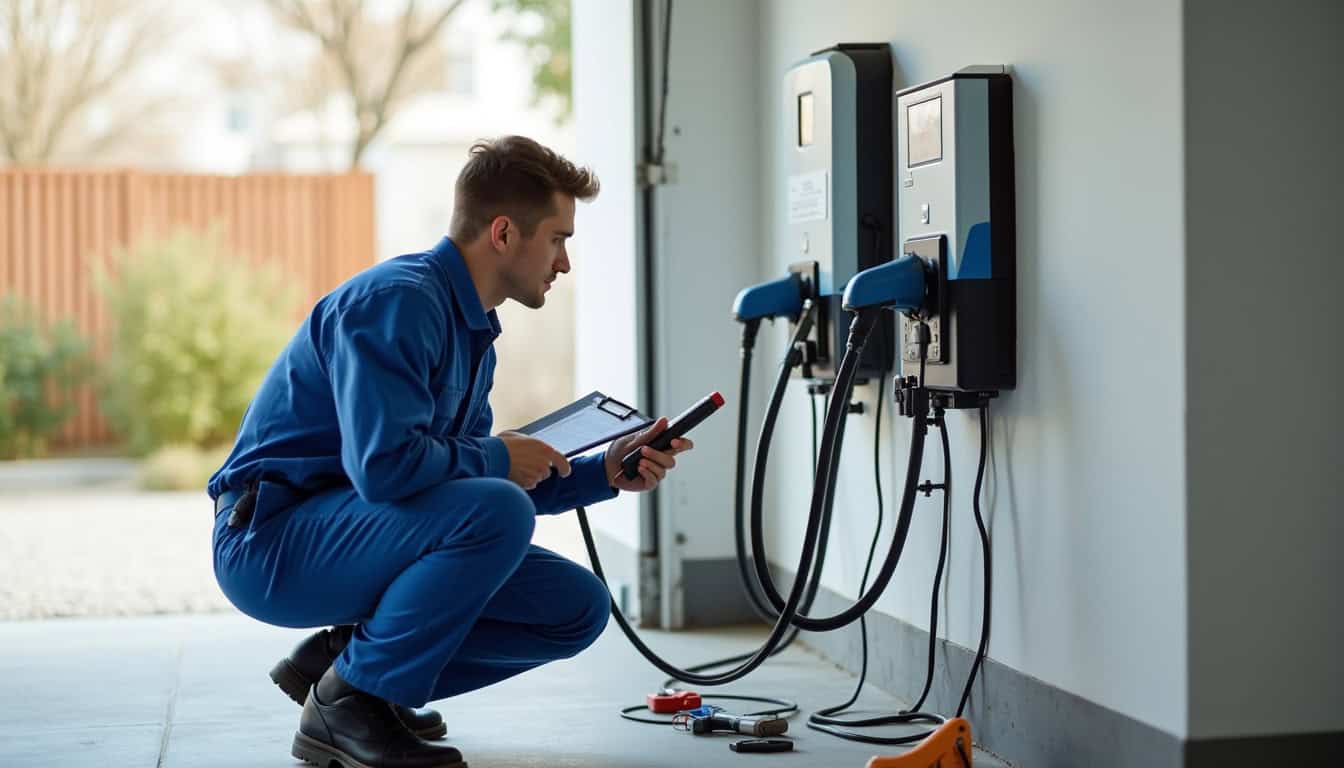 Technicien effectuant un contrôle de maintenance sur une borne de recharge à Mercury